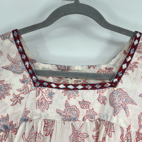 Umber & Ochre Handwoven Cotton Peasant Top Floral Sz XS/S Cream Embroidered Neck - Picture 3 of 8